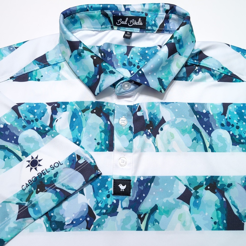 Bad Birdie Polo Mens XL Blue White Cabo Del Sol Cactus Stripe Show Golf Shirt